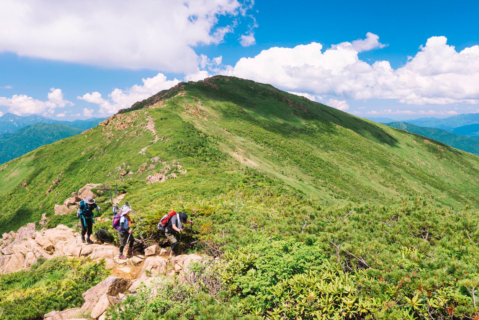 「小至仏山へと向かう登山者と至仏山山頂」の写真