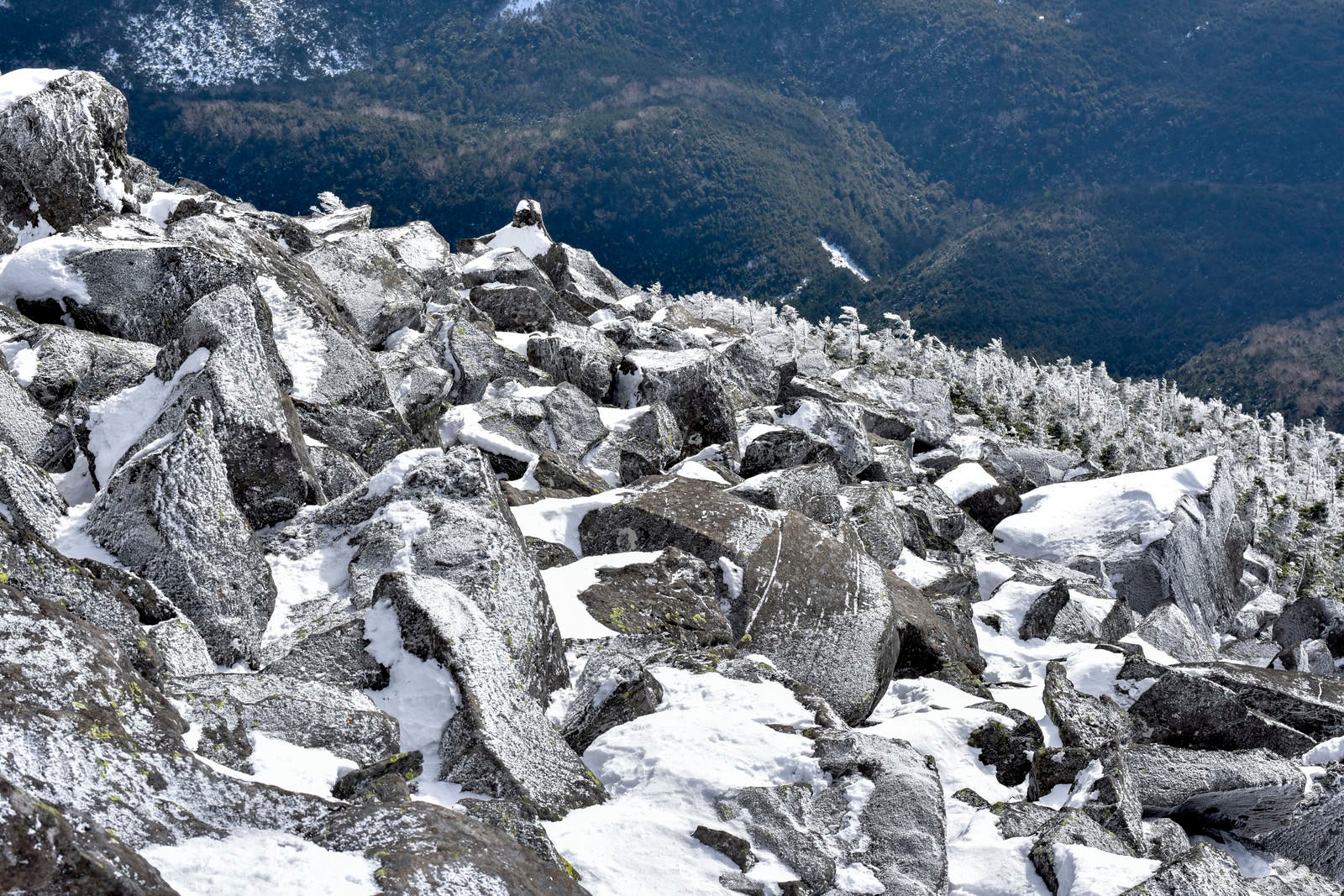 「凍った岩が連なる蓼科山山頂付近」の写真