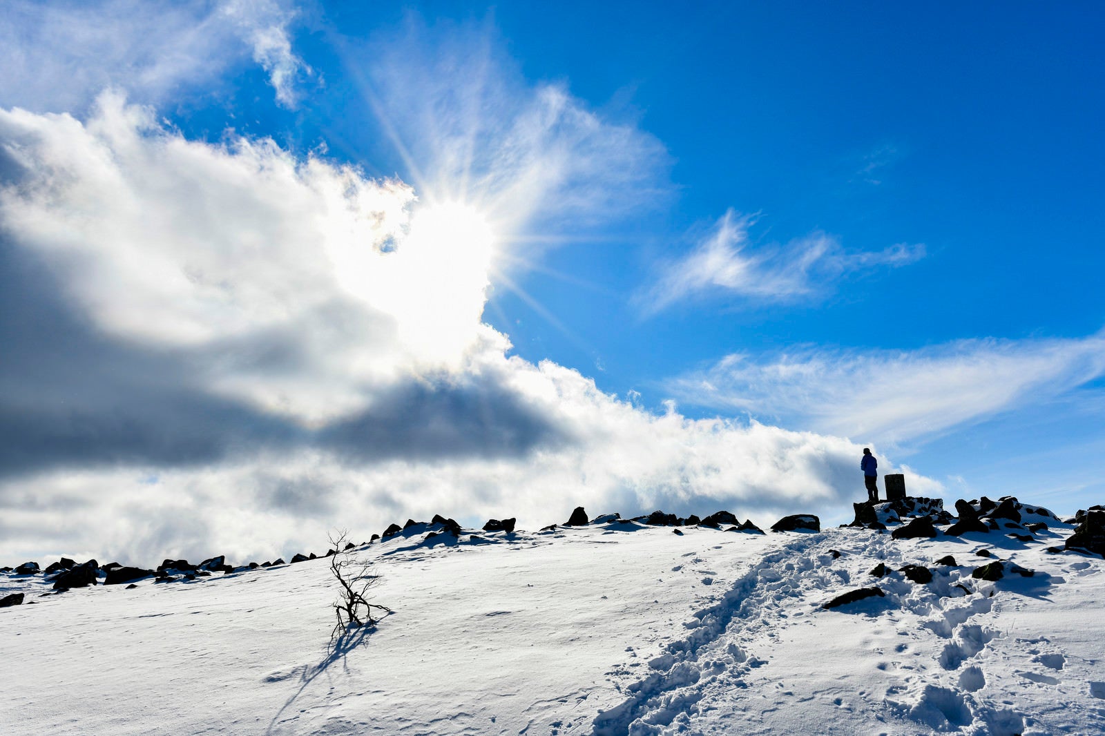 「蓼科山山頂の雪原と太陽」の写真