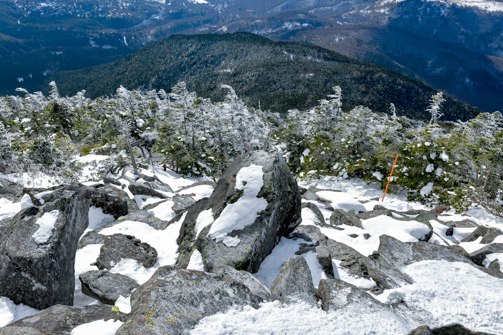 「雪が積もった岩と霧氷の木々広がる蓼科山（たてしなやま）」の写真