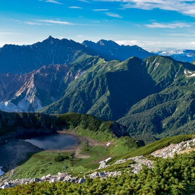 快晴の鷲羽岳山頂から見る鷲羽池と槍ヶ岳方面の景色の写真
