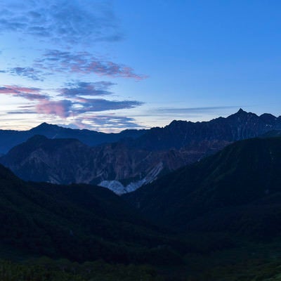 朝を待つ槍ヶ岳と裏銀座の山々（鷲羽岳）の写真