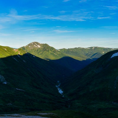 朝日を受ける黒部五郎岳と山々の影（鷲羽岳）の写真