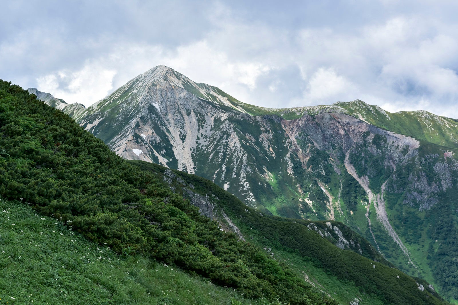 「登山道の向こうに顔を出す鷲羽岳の白い斜面」の写真