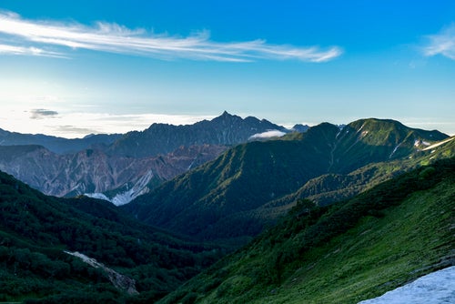 裏銀座鷲羽岳方面から見る槍ヶ岳の写真
