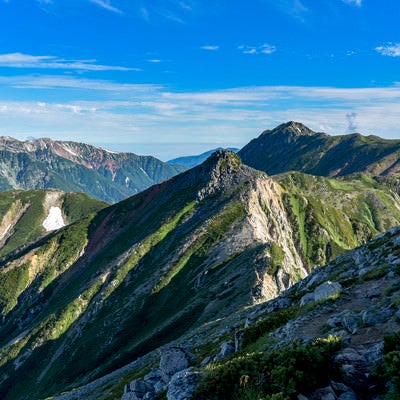 鷲羽岳から見るワリモ岳と水晶岳と薬師岳の写真