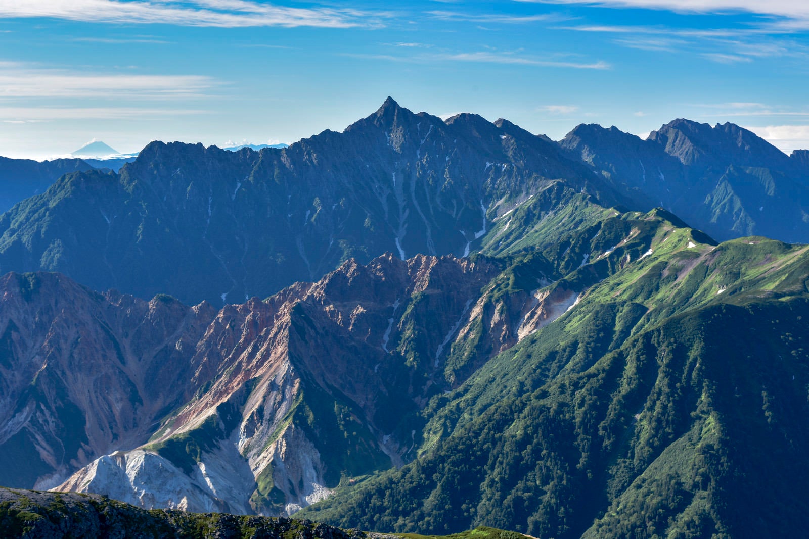 「鷲羽岳側から見る槍ヶ岳と西鎌尾根」の写真