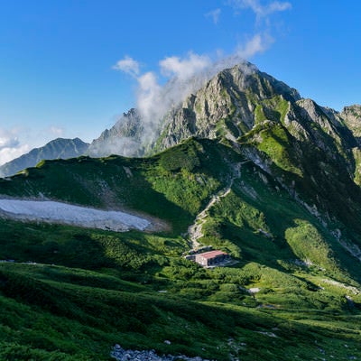 剱岳の麓に立つ山荘と剱岳の眺め（立山）の写真