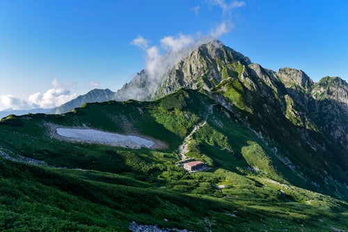 剱岳の麓に立つ山荘と剱岳の眺め（立山）の写真