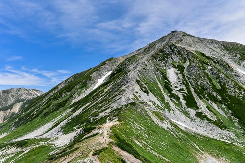 浄土山鞍部から見上げる立山雄山の姿の写真
