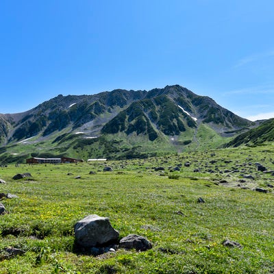 立山室堂の草原と立山雄山の写真
