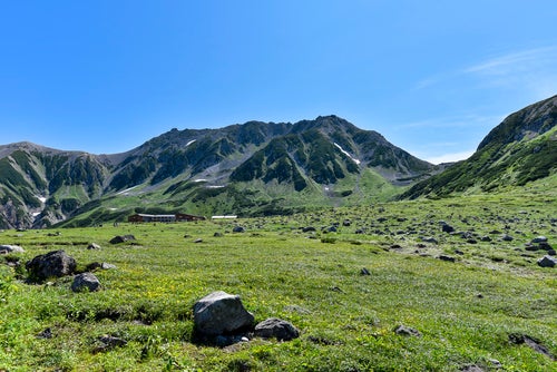 立山室堂の草原と立山雄山の写真