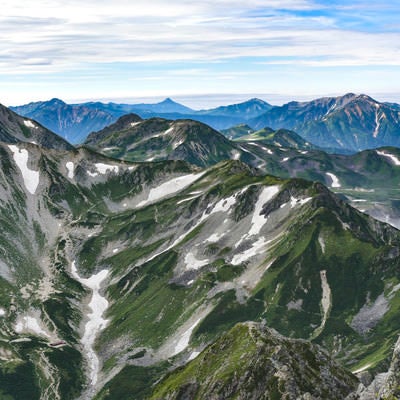 剱岳から見る別山方面と薬師岳の写真