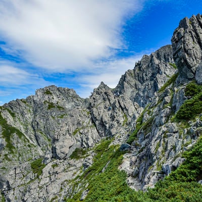 剱岳の崖を下る登山者たちの写真