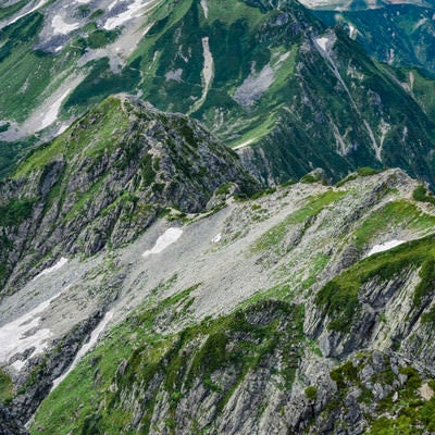 剱岳別山尾根の登山道を見下ろすの写真