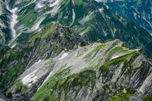 剱岳別山尾根の登山道を見下ろすの写真