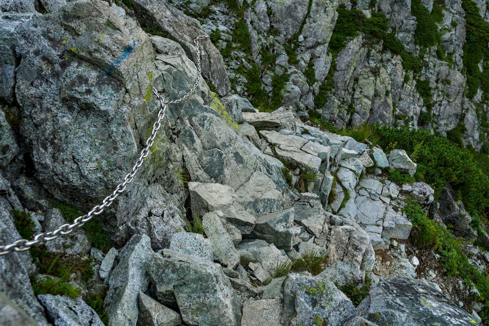 「岩肌に鎖が付けられた剱岳の登山道」の写真