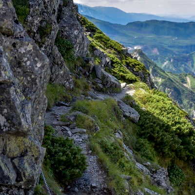 気を抜けば滑落する険しい登山道が続く剱岳の写真