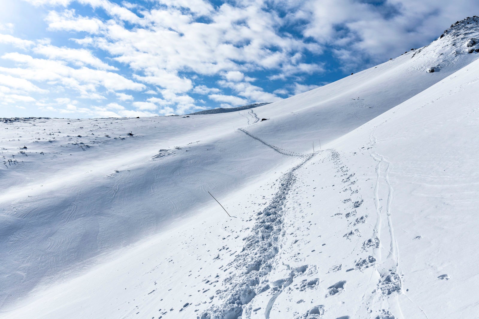 「冬の安達太良山の斜面についたトレース」の写真
