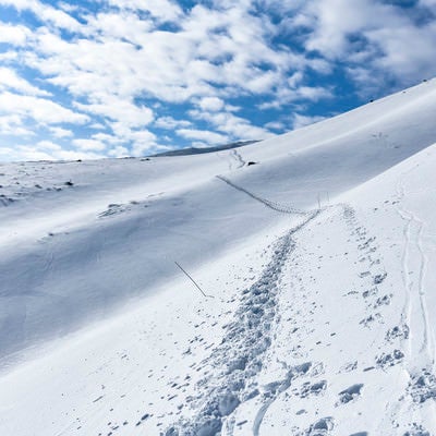冬の安達太良山の斜面についたトレースの写真