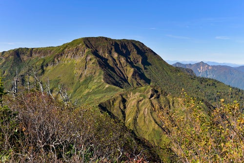 神楽ヶ峰から見る苗場山（なえばさん）の写真