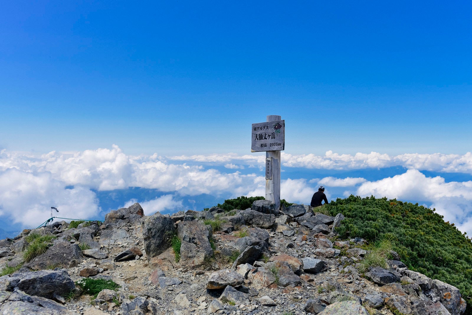 「大仙丈岳山頂に佇む登山者と眼下の雲」の写真