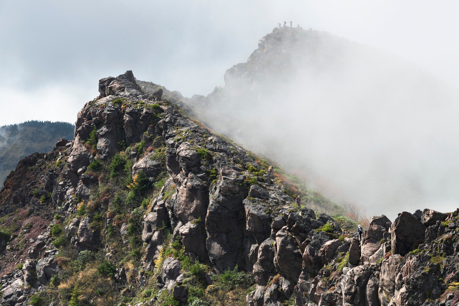 「ガスに包まれた蛇骨山の稜線を歩く登山者（浅間山）」の写真