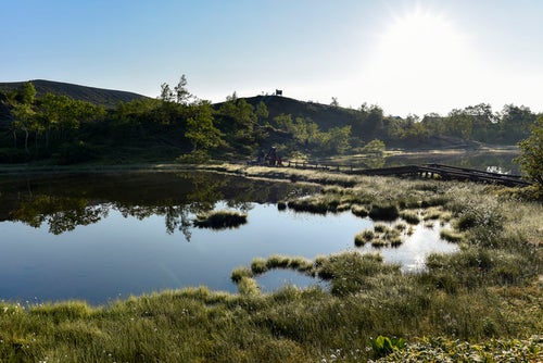 鏡のような美しい湖面を持つ弓池（草津白根山）の写真