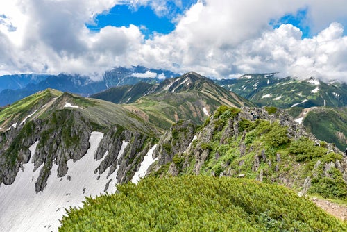 青空と白い雲が広がる水晶岳稜線からの景色の写真