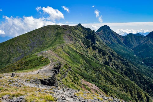 硫黄岳の緩やかな稜線と奥に構える八ヶ岳主峰赤岳（あかだけ）の写真