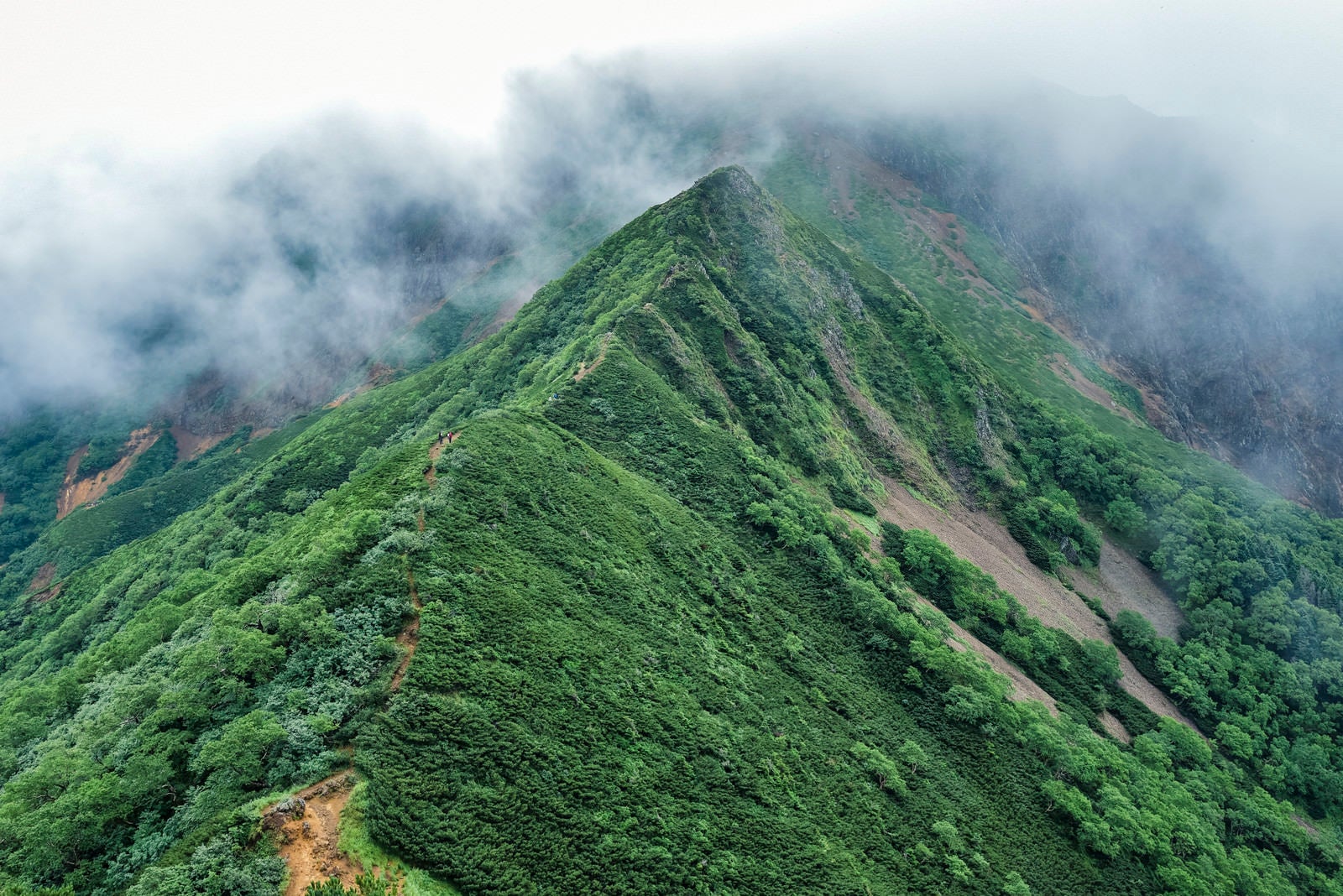 「赤岳方面から見る雲に包まれた阿弥陀岳側登山道」の写真