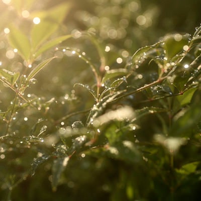 優しい光と水滴を纏う植物の写真