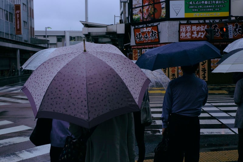 雨の中を通勤する人々と傘の写真