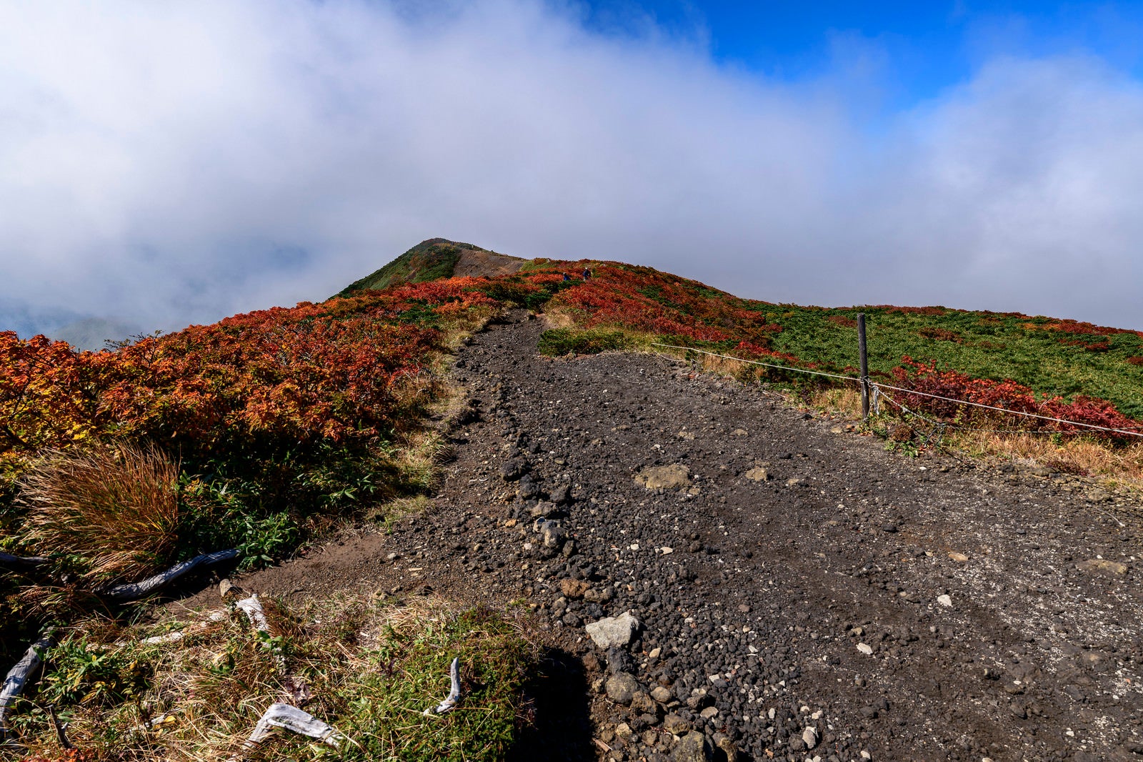 「流れる雲の下に顔を見せる真っ赤な紅葉の栗駒山」の写真