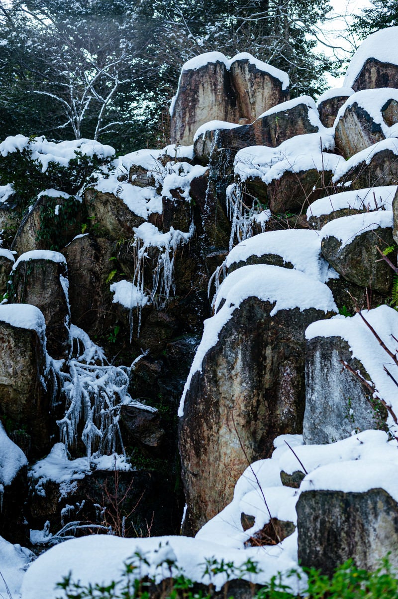 「岩場の積雪と流れ落ちる水飛沫」の写真