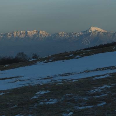 夜明けの菅平牧場から見る北アルプスの写真