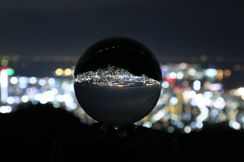 ガラス玉に映る反転した夜景の写真