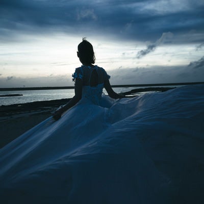 浜辺でウェディングドレスを着た女性の写真