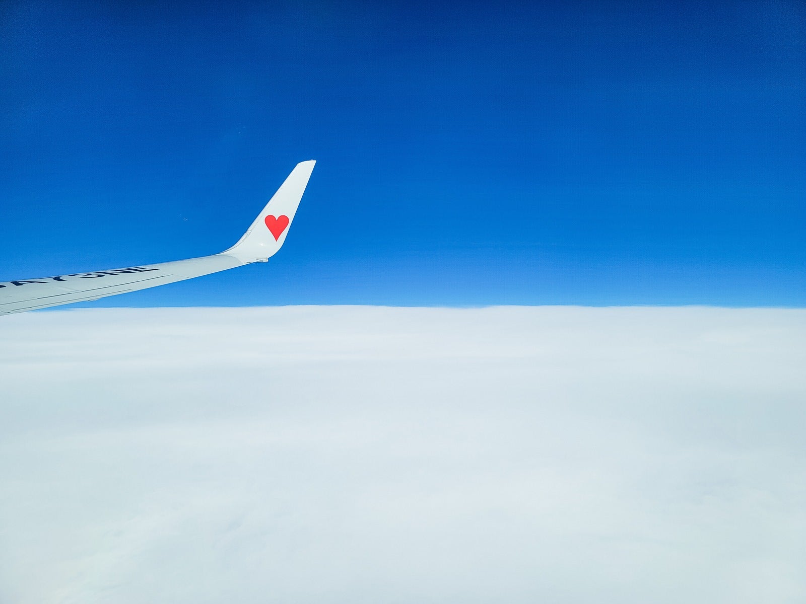 「雲の上で飛行機の翼」の写真