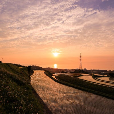 沈みゆく夕日と棚田の写真