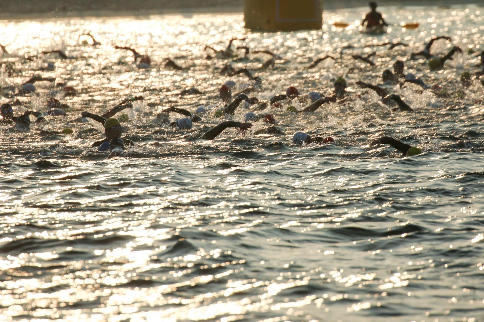 「水面に光る日と競泳するトライアスロン選手」の写真