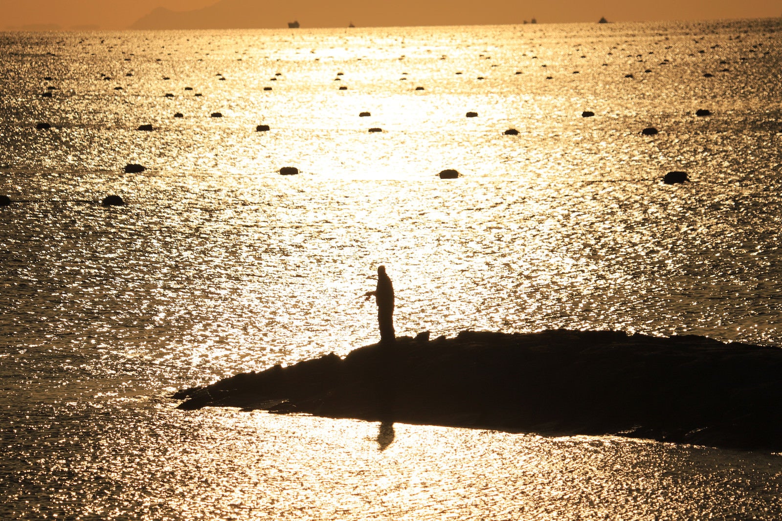 「夕焼けにきらめく海と釣り人」の写真