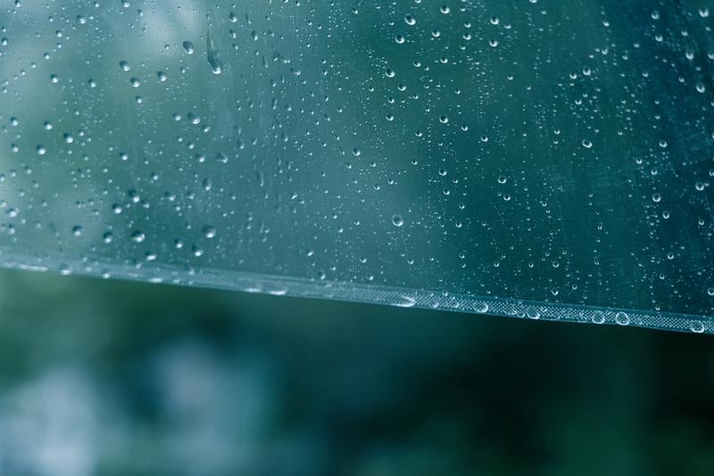 透明なビニール傘に付いた雨粒のクローズアップの写真