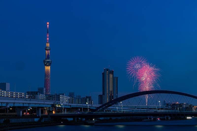 隅田川花火大会とスカイツリーの写真