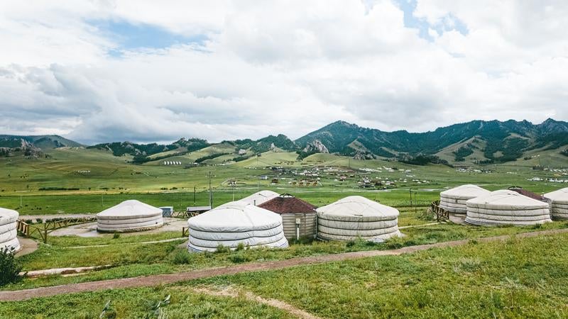 複数の白いゲル（遊牧民の住居）が設置されているモンゴルの草原の写真