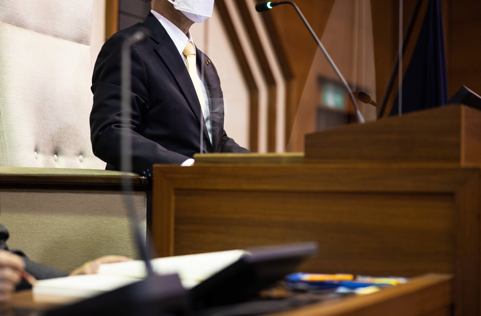 「マスクを着用したままで議事を進める議長」の写真