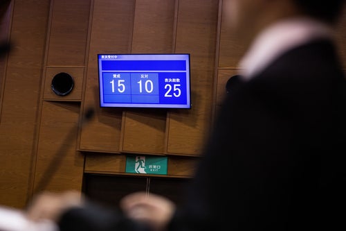 採決の結果を一目瞭然に示す津山市議会議場内のディスプレイの写真
