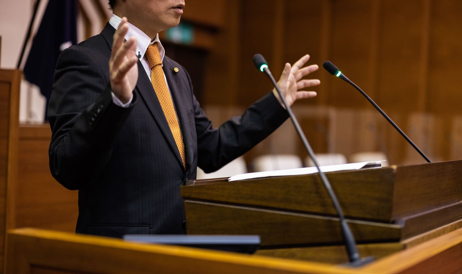 「議員が議会の中で、熱く、感情豊かにスピーチを行いジェスチャーをする様子」の写真