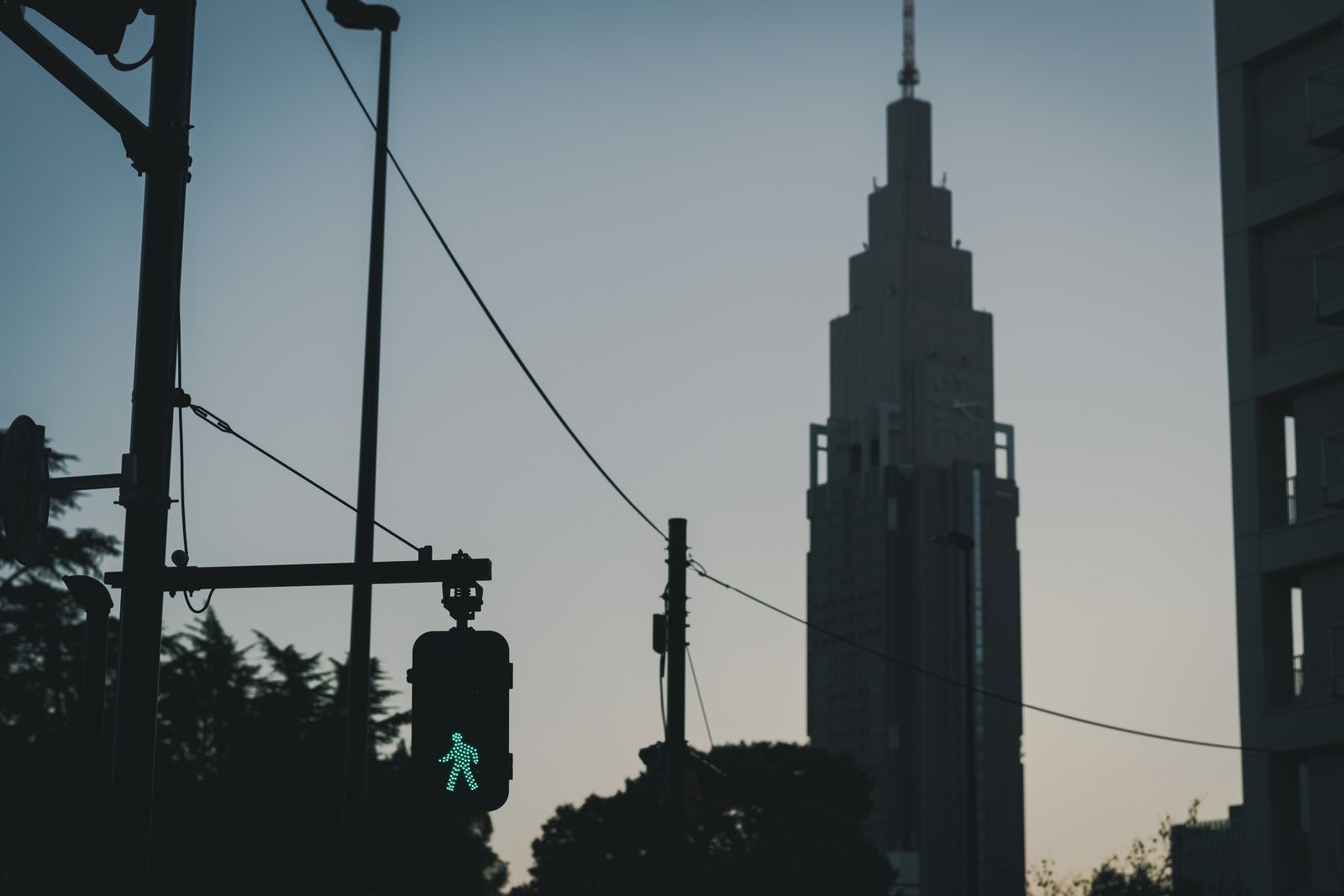 「横断歩道の青信号とNTTドコモタワーのシルエット」の写真