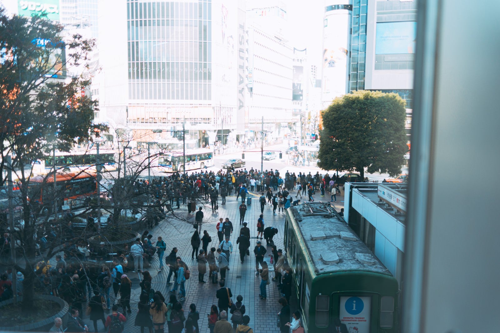 「渋谷スクランブル交差点前の密な人混み」の写真